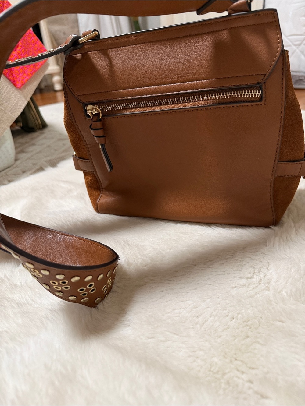Brown faux Suede and leather Eyelet Crossbody Bag with gold studded Strap - Picture 3 of 5